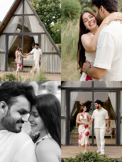 A collage of moments from a rustic-chic pre-wedding shoot, featuring an A-frame cabin and natural surroundings.
