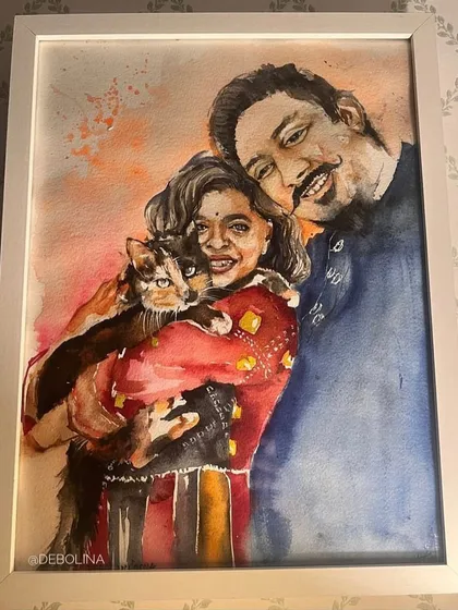 A heartwarming commissioned watercolor portrait for a lovely couple and their adorable cat. I love capturing the unique bond between people and their pets, creating a family keepsake that will be cherished for years.