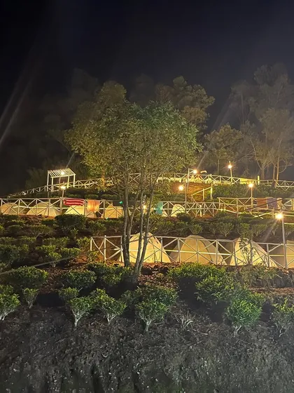 Our campsite in Munnar, beautifully lit up at night. We stay in comfortable tents nestled right in the tea gardens.
