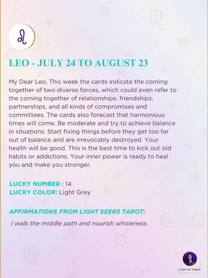 A weekly tarot prediction for Leo. The cards indicate the coming together of two diverse forces, which could refer to relationships, partnerships, or compromises.