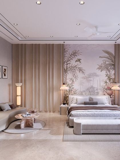 This bedroom concept blends classical and modern elements, with a serene, painterly wallpaper behind the bed, fluted wall paneling, and a curved sofa creating a soft and inviting seating area.