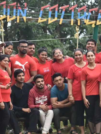 A group photo at Moon Cottages, our home during the Kanatal retreat.
