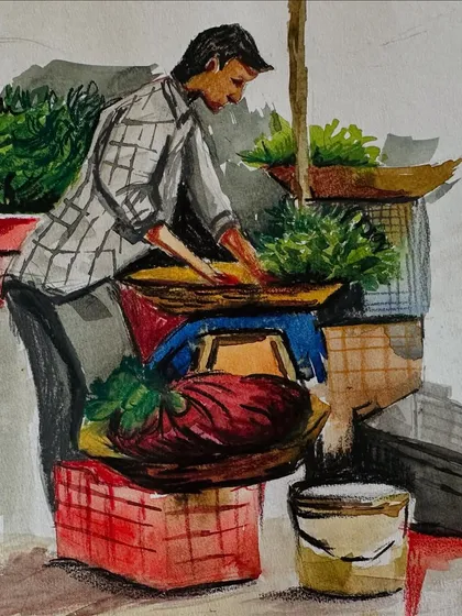 A watercolour sketch of a vendor arranging his greens at a market stall. My art often focuses on the hardworking people who are the lifeblood of the city.