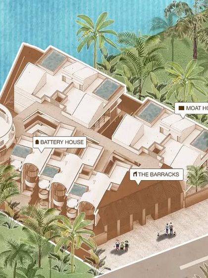 An aerial diagram of the entire Ramparts project, showing the four unique housing typologies: the Lighthouse, Battery House, Moat House, and The Barracks, each with its own distinct story.