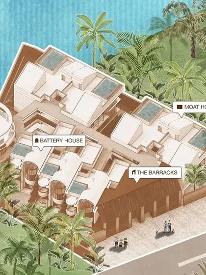An aerial diagram of the entire Ramparts project, showing the four unique housing typologies: the Lighthouse, Battery House, Moat House, and The Barracks, each with its own distinct story.