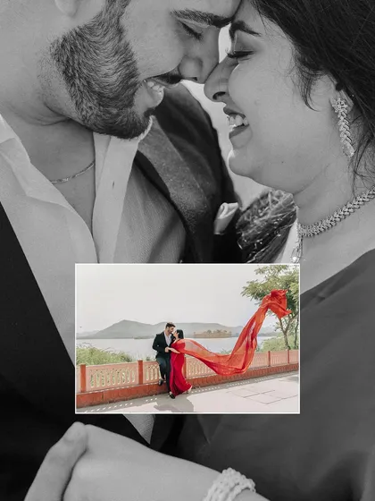 A creative double exposure, blending a close-up of the couple's laughter with a wide shot of their dramatic, flowing saree pose.