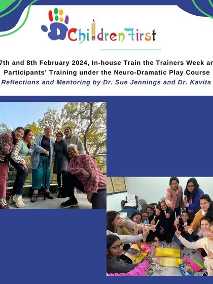 A glimpse into our in-house "Train the Trainers" week for the Neuro-Dramatic Play course. These photos show participants receiving deep reflections and mentoring from Dr. Sue Jennings and Dr. Kavita Arora.