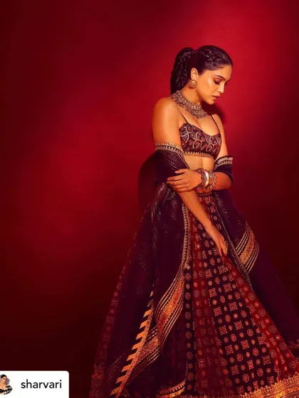 Another angle of Sharvari Wagh's festive attire. The braided ponytail and intricate makeup details were designed to complement the beautiful ethnic wear.