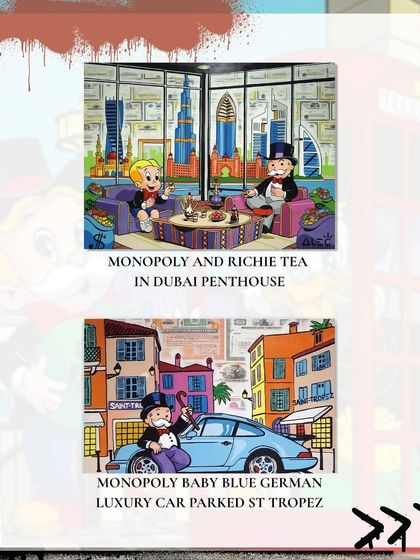 A graphic showcasing two of Alec Monopoly's works: 'Monopoly and Richie Tea in Dubai Penthouse' and 'Monopoly Baby Blue German Luxury Car Parked St Tropez.'