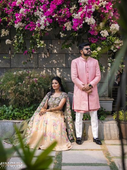 A beautiful collection of photos from Disha and Sumanth's pre-wedding shoot. Her makeup is soft and romantic, perfect for these candid and posed shots in a lovely garden setting.