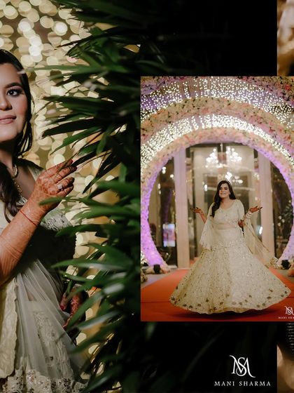 A collage showing the bride's grand entrance and other beautiful moments from her engagement ceremony. It captures the scale and beauty of the event decor.