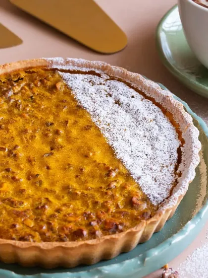 A taste of autumn. My pumpkin and walnut pie is a seasonal favorite, especially popular on my Thanksgiving menu. It's warm, spiced, and incredibly comforting.