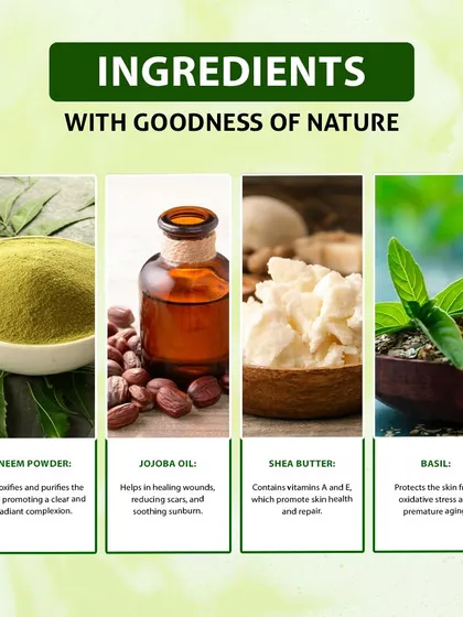 I use powerful natural ingredients in my Neem Tulsi Facial Bar. Neem powder purifies, Jojoba oil helps in healing, Shea butter promotes skin health, and Basil protects from premature aging.