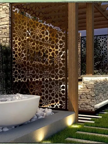 I can bring any vision to life, like this concept for a tranquil garden escape. This design features a custom pergola with intricate laser-cut screens, a stone-clad seating area, and a peaceful water feature, showing how different materials can create a luxurious feel.