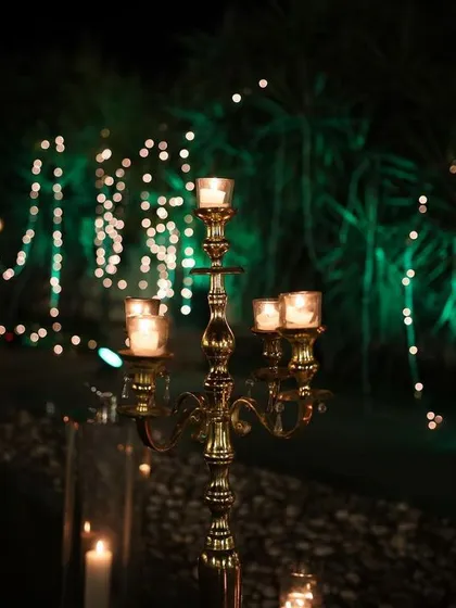 Moody and atmospheric lighting details. A golden candelabra provides warm light in the foreground, while green uplighting on the trees and strings of fairy lights create depth in the background.