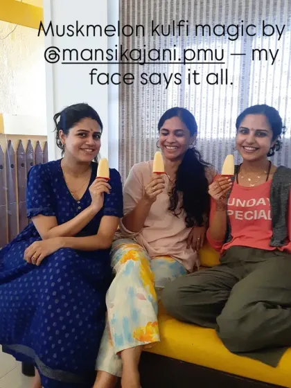 The joy on my face says it all. Enjoying some delicious homemade muskmelon kulfi with friends is another form of blissful sadhana.