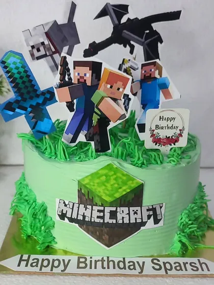 A Minecraft cake for a gaming fan, complete with pixelated blocks, characters, and a sword.
