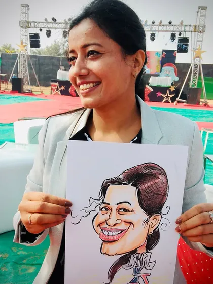 A beautiful, smiling guest with her new caricature. It’s a little wild, a little witty, and a lot of fun.