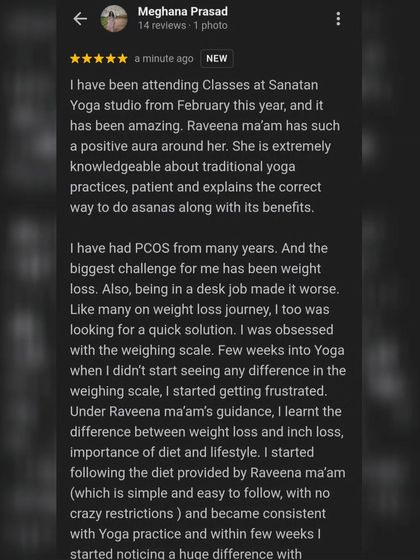 A Google review from a student with PCOS who was frustrated with not seeing results on the scale. She explains how my guidance helped her understand the process and see a huge difference.