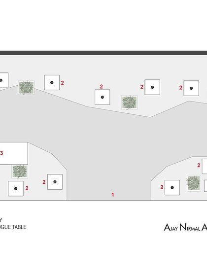 The simple and effective floor plan for the 15 sq.m Pllum Legno art installation. The layout prioritizes circulation around the central display totems, with designated entry points and catalogue tables.