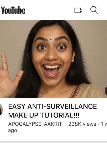 A fake YouTube thumbnail for an 'EASY ANTI-SURVEILLANCE MAKE UP TUTORIAL!!!'. This satirizes influencer culture while commenting on privacy in a dystopian world.