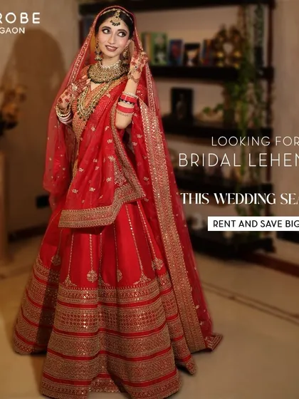 Looking for your bridal lehenga this wedding season? This classic red and gold outfit is available to rent, helping you save big without compromising on style.