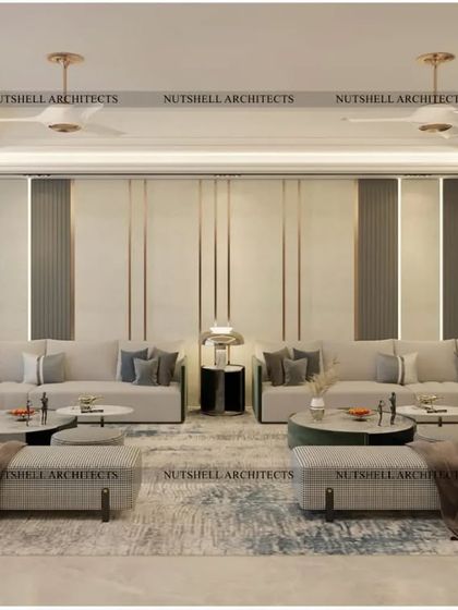 Symmetrical design brings a sense of calm and order to this formal living room. We used matching sofas, benches, and lighting to create a balanced and harmonious composition, ideal for formal gatherings.