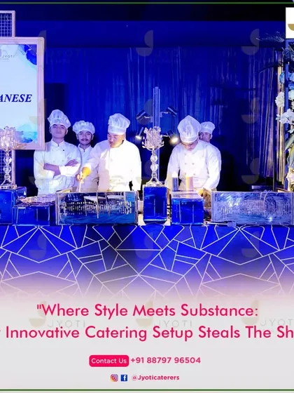 Our innovative Japanese live station steals the show. The setup features a deep blue geometric counter and our team of chefs ready to prepare fresh sushi and other delicacies.