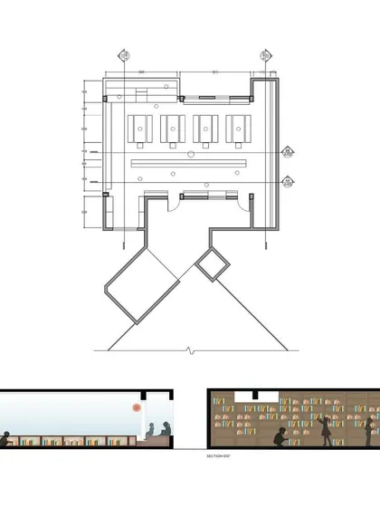 A floor plan and section for the Zara Global School library. The project involved designing modular furniture using Lantana, an invasive weed, to create reading nooks and book storage while empowering local artisans.