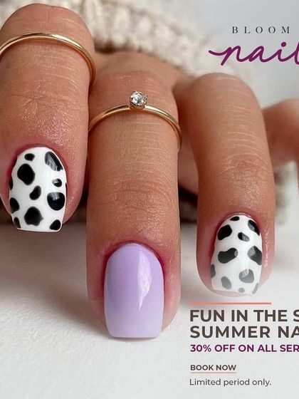 Get your nails summer ready with this fun cow print accent nail paired with a lovely lilac polish.