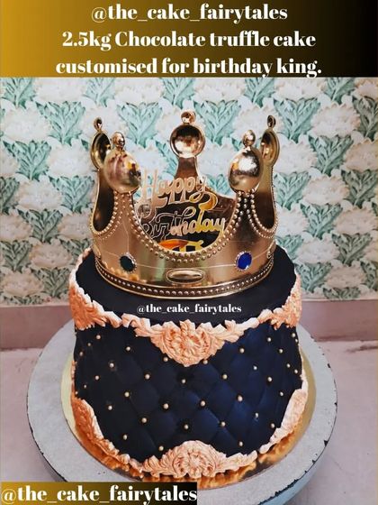 A clear photo of the 2.5kg chocolate truffle cake for a 'birthday king', showcasing the crown and quilted design.