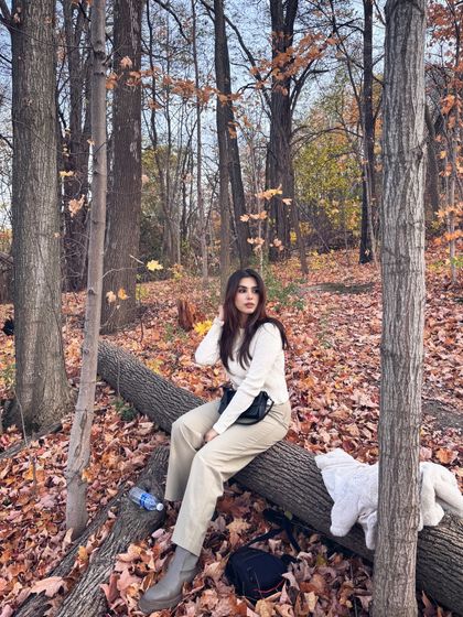Another perspective of the forest scene, providing a different angle of my outfit and the beautiful autumn surroundings.