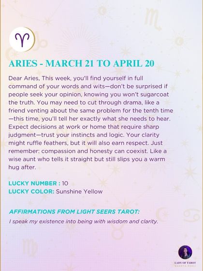 A weekly reading for Aries about being in full command of your words and wits. This forecast reminds you that compassion and honesty can coexist, and your clarity will earn respect.