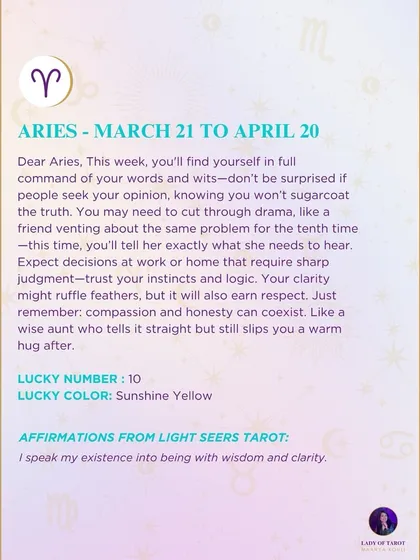 This week's tarot guidance for Aries. You'll find yourself in full command of your words and wits. Don't be surprised if people seek your opinion, knowing you won't sugarcoat the truth.