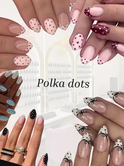 A lookbook of the trendy polka dot nails we can create. Whether you prefer classic black and white, colorful dots, or playful bows, we can customize this fun pattern for you.