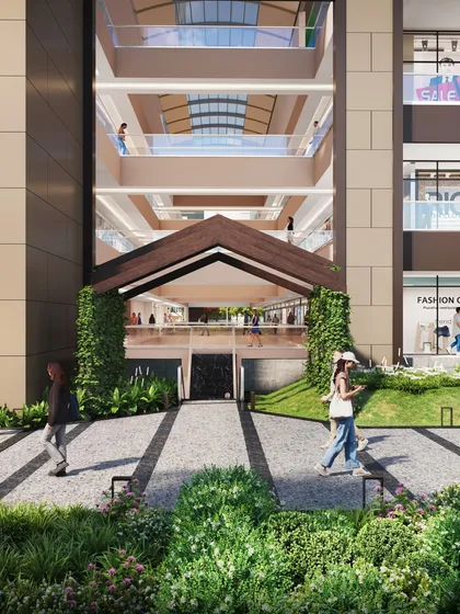 This animation still captures the main entrance of a multi-level shopping mall. We paid close attention to the interplay of light through the glass atrium and the integration of green landscape elements to showcase a modern and inviting commercial design.