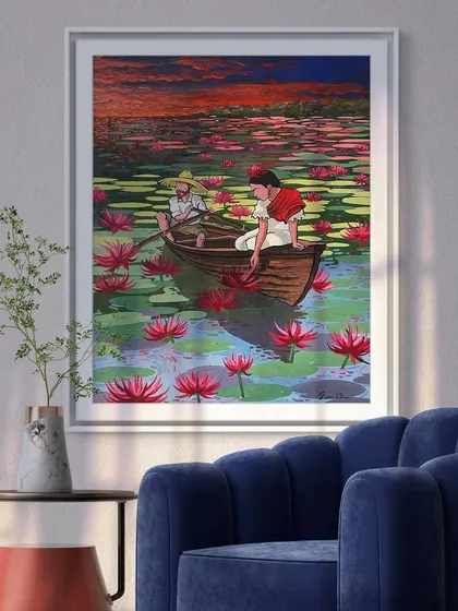 See how the 'Colorful Lake 2' print can transform a space. Placed in a modern living room, the artwork brings a narrative of color and emotion to the walls. My high-quality fine art prints are designed to make your home feel like a gallery, filled with stories that resonate.