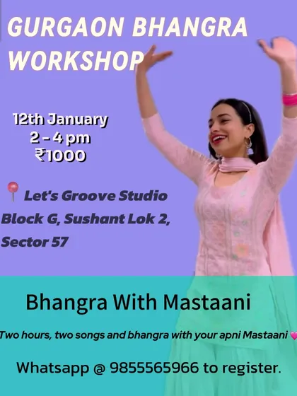 We love hosting guest instructors like Mastaani. This poster gives you all the details for her special "Bhangra with Mastaani" workshop, a two hour session focused on two songs.
