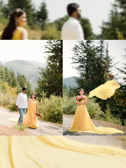 A collage of a couple's mountain shoot, featuring a woman in a flowing yellow dress walking along a path and holding a bouquet of flowers.
