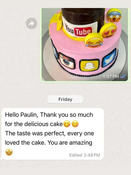 The best part of any order is receiving happy feedback. This message from my client confirms that the cake tasted as good as it looked, which is always my ultimate goal.