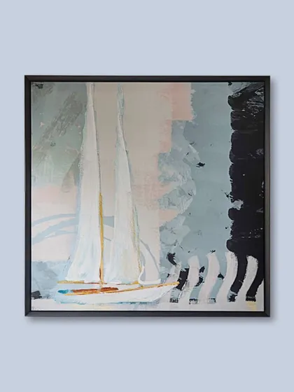 This beautiful sailing-themed artwork is perfectly complemented by a floater frame. This style creates a gap between the canvas and the frame, making the artwork appear to be suspended within its border for a sophisticated, gallery-style look.