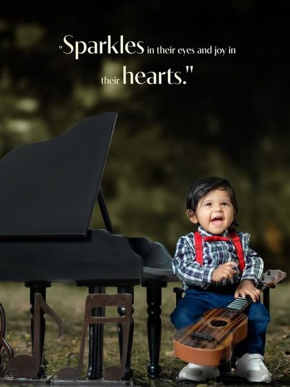 Sparkles in their eyes and joy in their hearts. A boy in suspenders and a bow tie has a blast playing the piano and guitar.