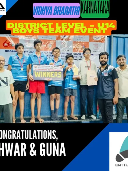 It's a proud moment to see my students Eshwar and Guna win the Vidhya Bharathi Karnataka District Level U14 Boys Team Event. This is a result of their dedication and our competitive training program.