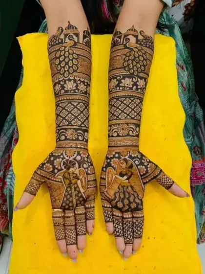 A unique take on the bridal portrait, this design shows the bride holding an elephant's trunk, a symbol of good luck and prosperity.