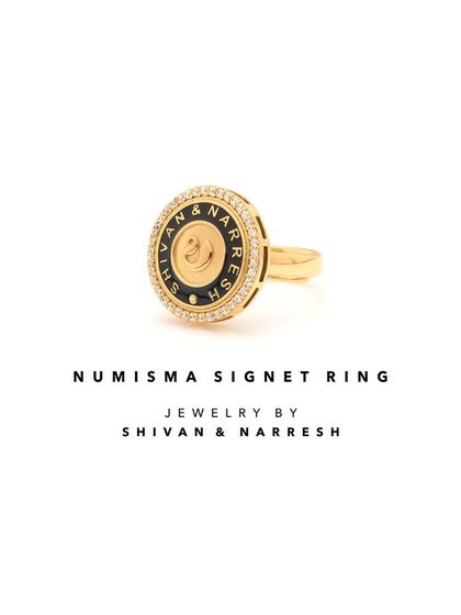 The Numisma Signet Ring, a modern classic. This piece is versatile enough for both men and women and adds a touch of bold, graphic style to your hand.