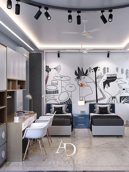 This shared boys' room is designed for creativity, with a cool doodle-art feature wall, individual beds, and a long, shared study desk.