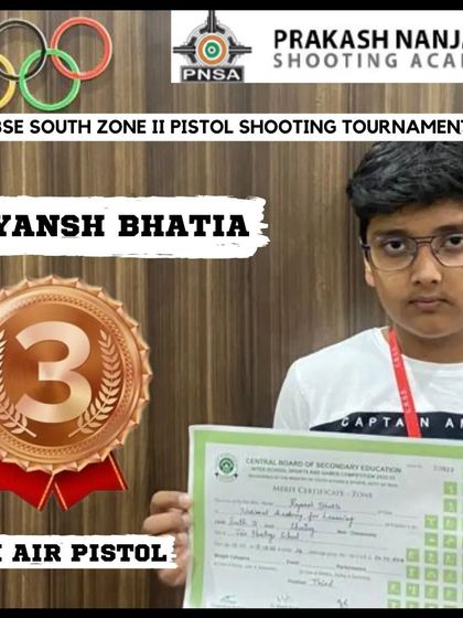 Another one of our young achievers, Reyansh Bhatia, proudly displays his certificate and bronze medal from the CBSE South Zone II Pistol Shooting Tournament.