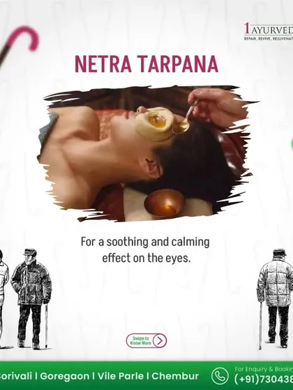 Here you see Netra Tarpana, a restorative eye treatment. A dam of dough is placed around the eyes and filled with lukewarm medicated ghee. This therapy has a soothing and calming effect, relieving eye strain from screen time, improving vision, and nourishing the delicate tissues.