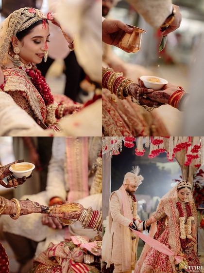 A collage of ritual moments, capturing the sacred and traditional aspects of the Hindu wedding ceremony.