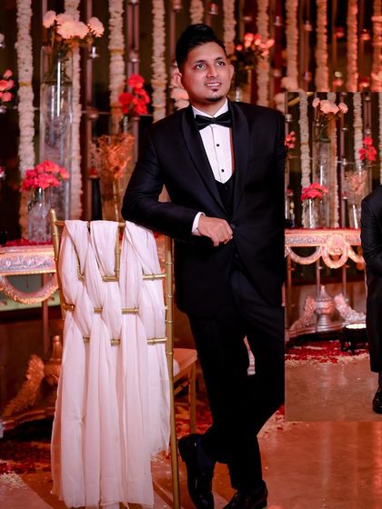 A stylish portrait of the groom, Shashvat, looking ready for his cocktail party.
